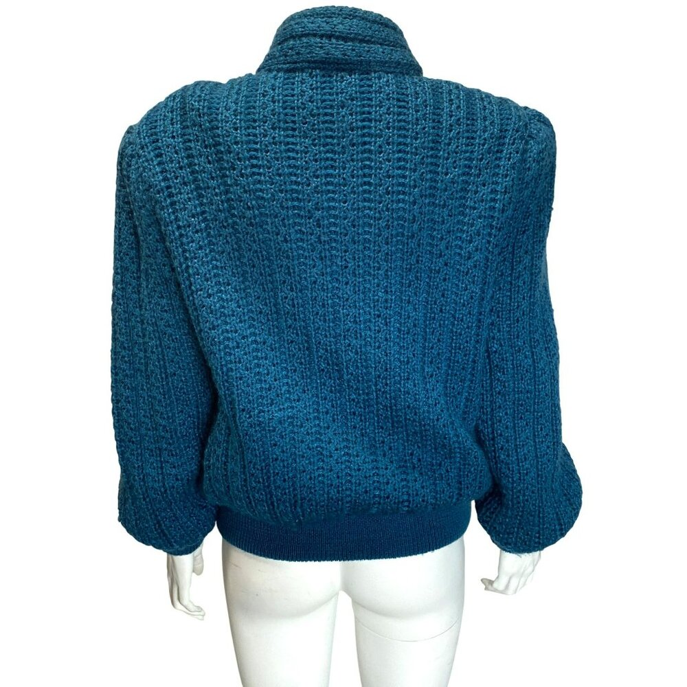 Vintage 70's Retro Knit Jacket Puff Sleeves Mock Neck Scoop Teal Blue Large - Picture 3 of 8